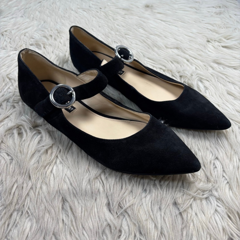 Nine West Women's 9.5 Black Suede Pointed Toe Mary Jane Flats Retro Classic